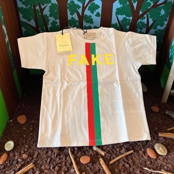 Gucci NWT Kids Fake Not Beige Tee with Yellow, Red, and Green Stripe - Picture 1 of 4